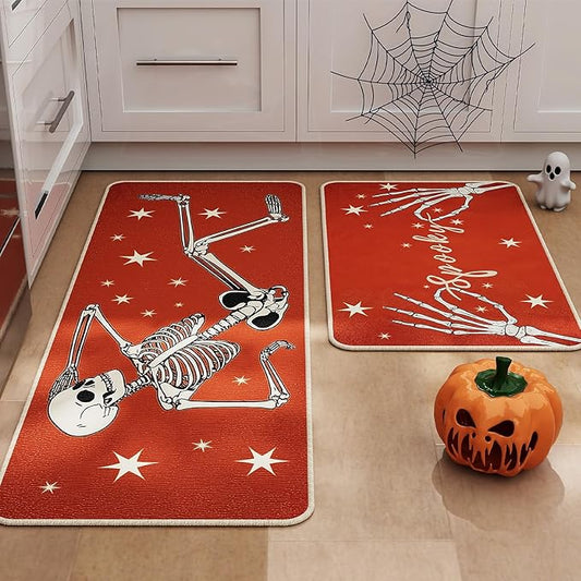 Halloween Kitchen Mat Set of 2, Spooky Skeleton Gothic Halloween Kitchen Decor, Halloween Rug for Floor, Indoor Spooky Home Decor with Non-Slip Backing,17 x 29 Inch & 17 x 47 Inch-Ruum Studio Home
