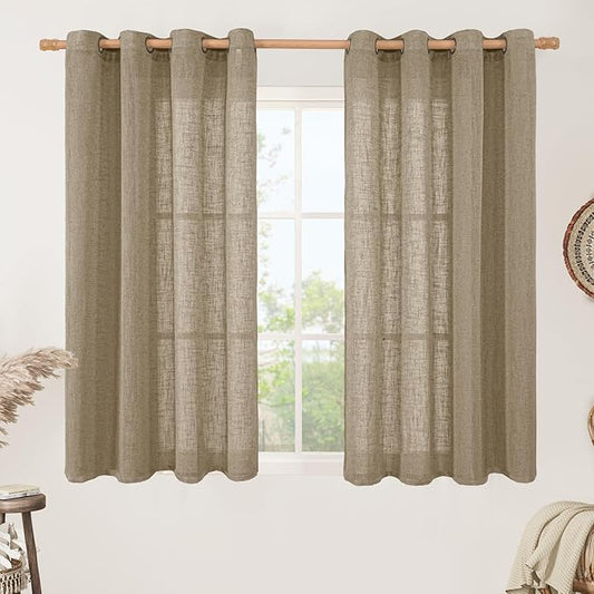 LAMIT Semi Sheer Linen Curtains 45 Inches Long, Light Filtering Panels Bronze Grommet Country Decor Drapes for Bedroom/Window/Farmhouse, Taupe, 2 Panels, 52 x 45 Inch-Ruum Studio Home