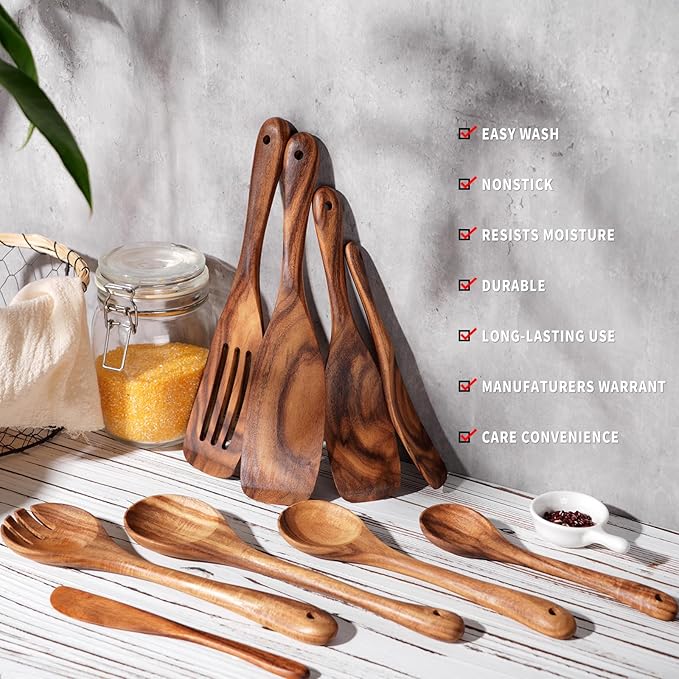 Wooden Cooking Utensils Set, 9 PCS Teak Wood Spoons, Spatula, Slotted Spoon, Handmade Modern Kitchen Utensils-Ruum Studio Home