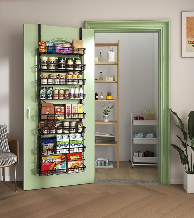 Over The Door Pantry Organizer, Wall Mount Spice Rack, Pantry Hanging Storage and Organization, 8 Adjustable Baskets Heavy-Duty Metal for Home & Kitchen, Back of Door Seasoning Rack - Black-Ruum Studio Home