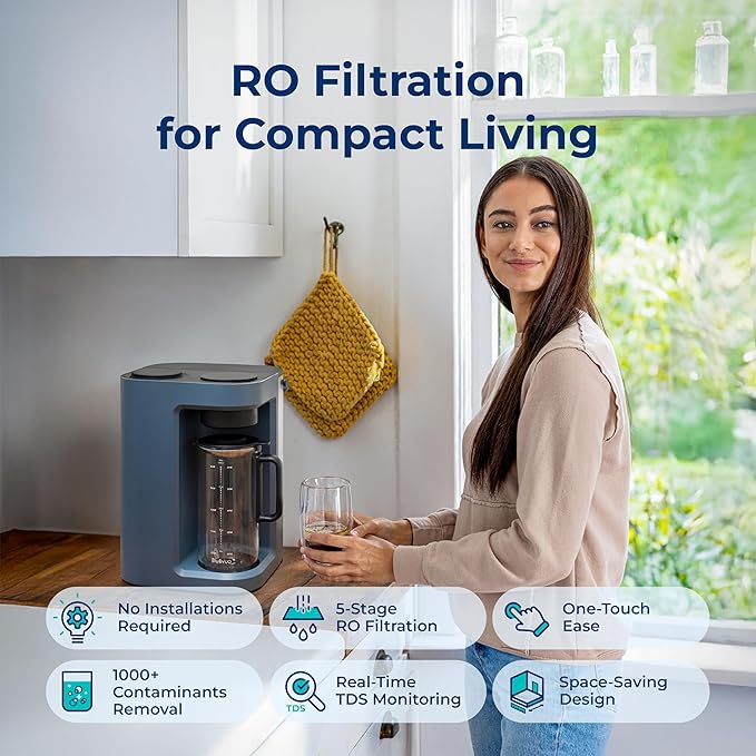 Bluevua RO100ROPOT-LITE Countertop Reverse Osmosis Water Filter System, 5 Stage Purification, 3:1 Pure to Drain, Portable Water Purifier (No Installation Required) (Blue)-Ruum Studio Home