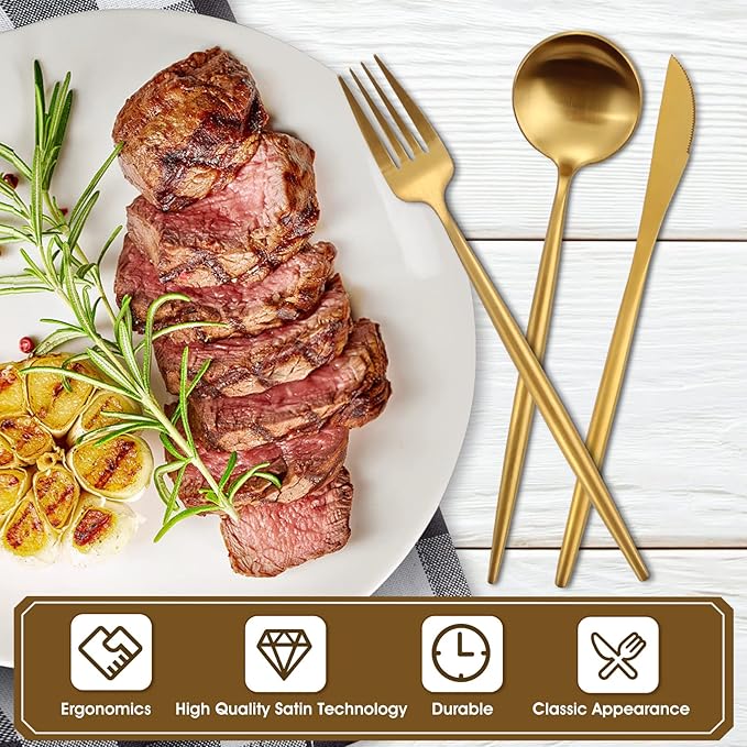 Matte Gold Silverware Set, 40-Piece Stainless Steel Flatware Set, Tableware Cutlery Set Service for 8, Satin Finish Utensils Set, Knife Fork Spoon Set for Home and Restaurant, Dishwasher Safe
