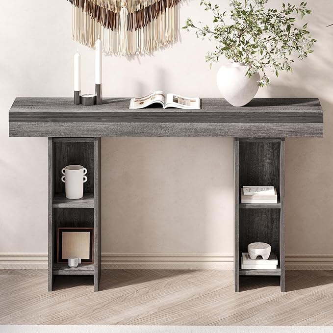55Inch Farmhouse Console Table,Wooden Rectangular Sofa Table Behind The Couch,Entryway Console Table with Storage for Living Room, Hallway,Entrance (Grey)-Ruum Studio Home