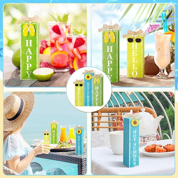 3 PCs Wooden Tiered Tray Decor Hello Happy Hot Summer Rustic Table Decor Block Signs for Beach Island Home Office Decorations (Summer-1)-Ruum Studio Home