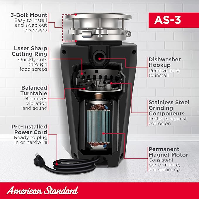 American Standard 10-US-AS-3 Garbage Disposal Anti-Jam Stainless Steel Food Waste Grinding System, Slim Line, 1/3 HP, Black-Ruum Studio Home