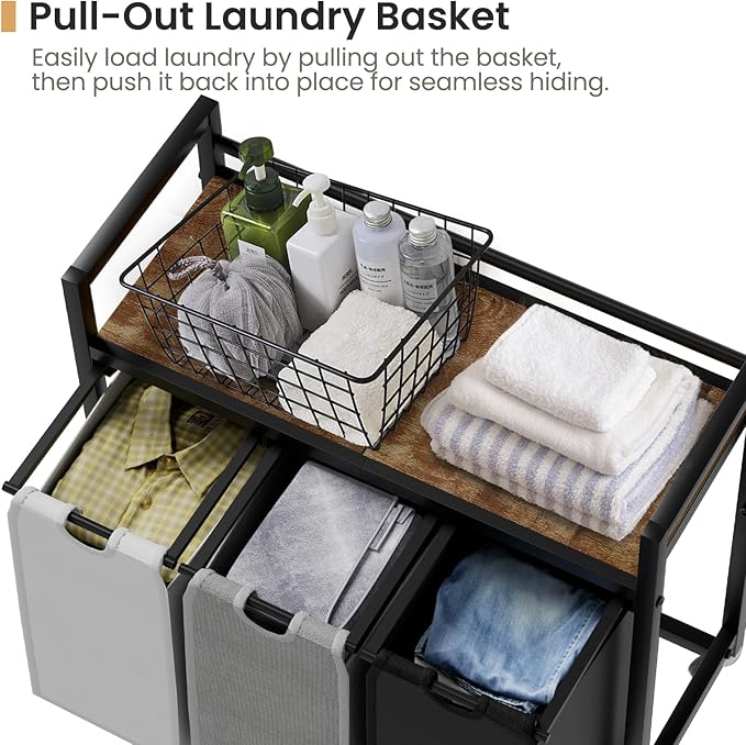 Laundry Hamper, Laundry Basket, Laundry Sorter with 3 Removable Bags, Clothes Basket with 3 Compartments, Wheels, Shelf for Laundry Room Bathroom Bedroom (3 Bags-Black Grey White)-Ruum Studio Home