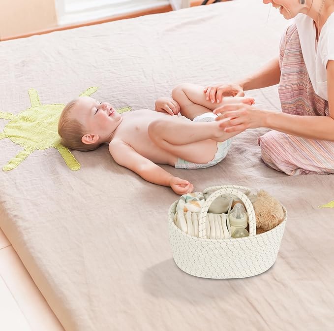 Diaper Caddy Organizer Cotton Rope Baby Basket Nursery Storage and Portable Tote Bag for Car Ideal Baby Shower Gifts and Registry Must-Have for Newborn Essentials striped-Ruum Studio Home