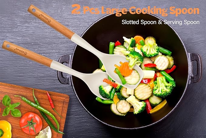 Large Silicone Cooking Spoon Set, 2 Pack Solid Slotted Spoon with Wooden Handle, Nonstick Silicone Kitchen Spoons for Cooking, Heat Resistan Spatula Set for Serving, Basting, Mixing (White)-Ruum Studio Home