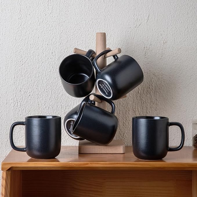 AmorArc 14oz Coffee Mugs Set of 6, Ceramic Coffee Mugs with Large Handle & Wavy Rim for Latte/Hot Cocoa/Tea, Stylish Coffee Mugs for Men Women. Oven,Dishwasher&Microwave Safe, Matte Black-Ruum Studio Home