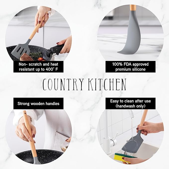 Country Kitchen Non Stick Silicone Utensil Set with Rounded Wood Handles for Cooking and Baking, 14 Piece Set, Gray-Ruum Studio Home