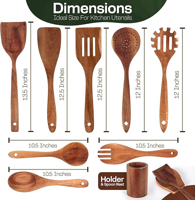 Wooden Spoons for Cooking Set of 10 - Cooking Utensils with Spoon Rest & Holder – Comfortable Grip & Easy to Clean - Wooden Spoon Set for Kitchen with four Hanging Hooks-Ruum Studio Home