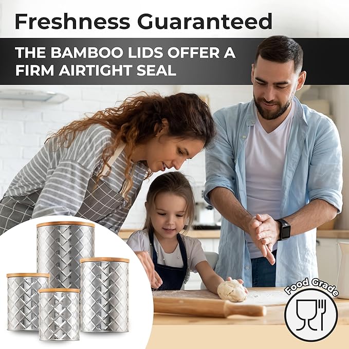 Pebble & Stem® Silver Stainless Steel Canister Set for Kitchen Counter, Food-Grade Canister Set of 4, Airtight Lids, Sugar and Flour Containers for Countertop, Coffee and Tea Storage, Farmhouse Decor-Ruum Studio Home