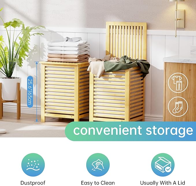 SMIBUY Double Laundry Hamper with Lid, 120L Bamboo Laundry Basket with Removable Liner Bag, 2-Section Clothes Divider Laundry Sorter for Laundry Room, Bathroom, Bedroom (Natural)-Ruum Studio Home