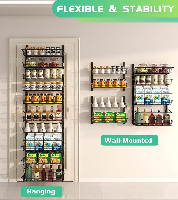 10-Tier Over The Door Pantry Organizer, Pantry Organization and Storage, Black Metal Hanging Adjustable Basket, Wall Spice Rack Seasoning Shelves, Home & Kitchen Essentials-Ruum Studio Home