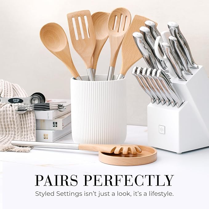 STYLED SETTINGS Wood Cooking Utensils Set with Stainless Steel Handles – 6-PC Durable Wooden Spoons for Cooking, Serving, & Mixing – Kitchen Utensils Set for Nonstick Cookware, Great for Gifting-Ruum Studio Home