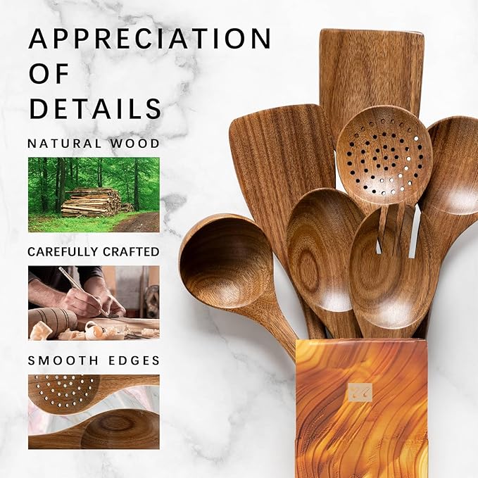 Wooden Spoons for Cooking, Nonstick Cooking Utensil Set with 7 Piece Acacia Wooden Spatulas and Spoons for Cooking, Terrific for Everyday Kitchen Tasks-Ruum Studio Home