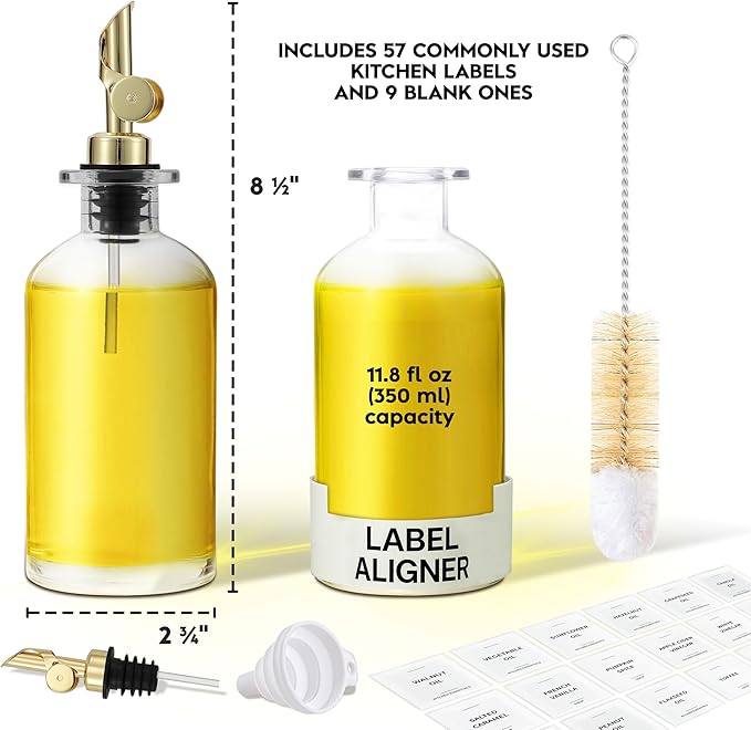 Olive Oil Dispenser Bottle - Includes 55 Kitchen Essential Labels - Cooking Oil Bottles for Kitchen, Coffee Syrup Dispenser - Pourer Spout with 11.8 fl oz Glass Container Cruet - 2pcs, Gold-Ruum Studio Home