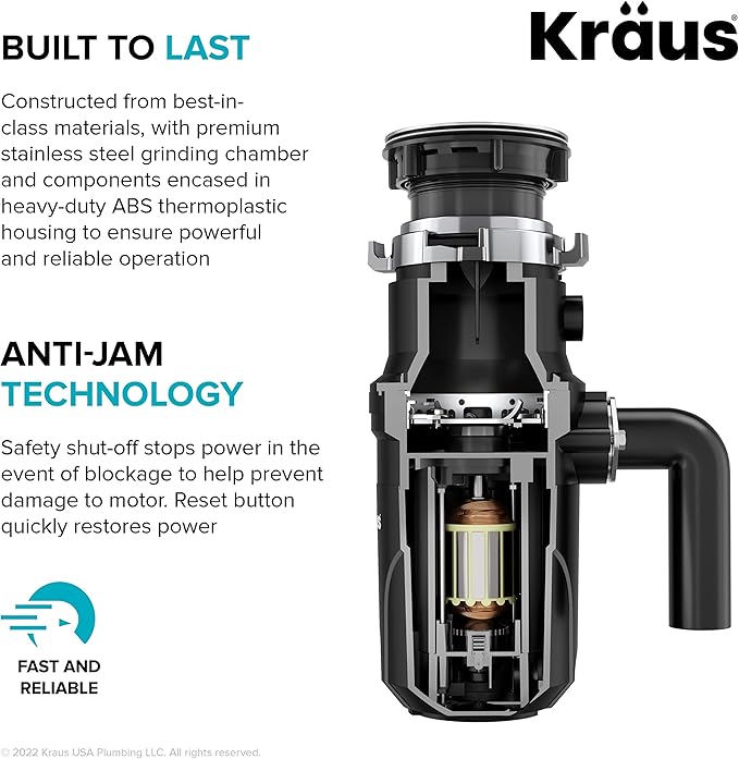 KRAUS WasteGuard 1/3 HP Ultra-Quiet Garbage Disposal with Quick Connect, Kitchen Sink Drain Cover, Power Cord and Flange Included, KWD100-33MBL-Ruum Studio Home