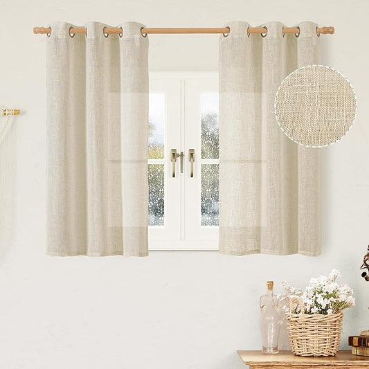 LAMIT 45 Inch Short Window Linen Curtains for Bedroom, Light Filtering Panels Bronze Grommet Neutral Drapes for Cafe/Bathroom/Loft Room, Linen, 2 Panels, 34 x 45 Inch-Ruum Studio Home
