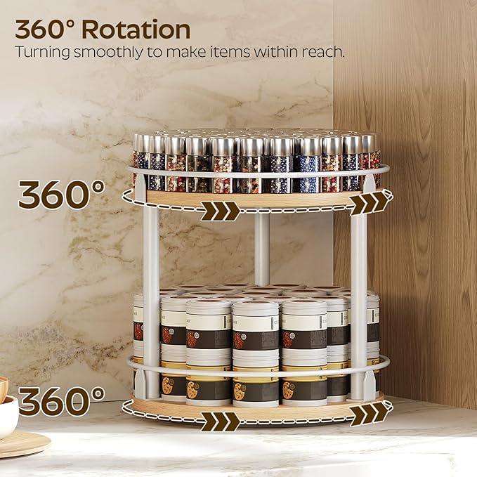 Lazy Susan Organizer, Rotating Spice Rack, 2 Tier Spice Turntable Organizer, Industrial Turntable Spice Holder, for Kitchen Countertop, Compact and Versatile, White and Natural SR22WN-Ruum Studio Home