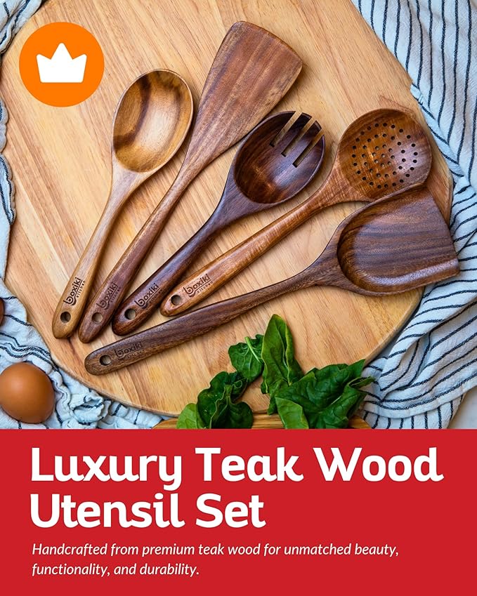 Boxiki Kitchen Luxury Teak Wood Utensil Set - Elegant 6-Piece Cooking Ensemble Including Spoons, Server, Scraper & Spatula - Expertly Crafted for Culinary Excellence-Ruum Studio Home