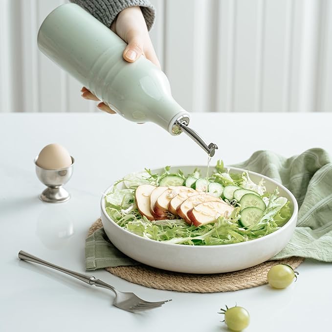 famiware Jupiter 16oz Ceramic Olive Oil Dispenser Bottle, 1 Piece Oil Dispenser for Kitchen with Stainless Steel Pourers, Suitable for Storage Vinegar, Soy Sauce, Coffee Syrup, Light Green-Ruum Studio Home