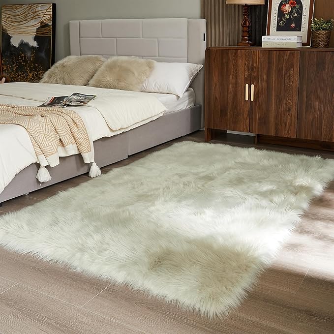 AMTOVO Faux Fur Sheepskin Rug for Living Room, 4 x 6 ft Light Grey Fluffy Area Rug for Bedroom, Playroom, Luxury Room Decor, Rectangle-Ruum Studio Home