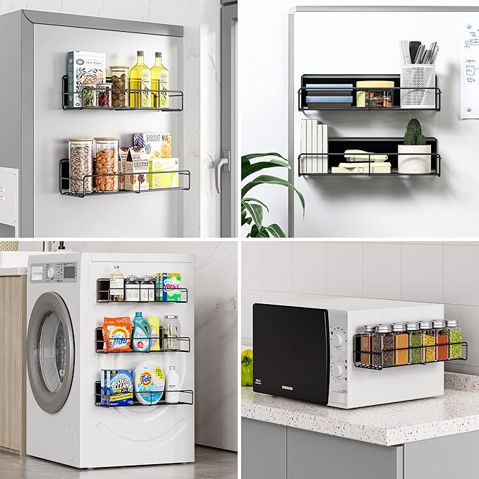 3 Pack Magnetic Spice Rack Organizer, Space Saver for Refrigerator and Whiteboard, Metal Fridge Shelf for Kitchen and Classroom, Black-Ruum Studio Home