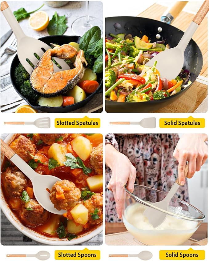 Pack of 4 Silicone Cooking Utensils Set, Non Stick Solid Spatulas and Heat Resistant Slotted Spoons with Wooden Handle, Ideal Wood Kitchen Utensils Set for Frying,Serving,Turning,Stirring (KHAKI)-Ruum Studio Home