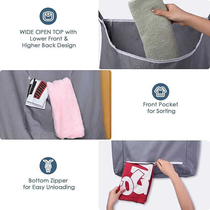 The Fine Living Co. X-Large Hanging Laundry Hamper with Over Door Hooks & Adhesive, Durable Space Saving Laundry Bag with Zipper and Wide Open Top,Hanging Dorm Laundry Hamper 20"x3.75"x31" (Gray-XL)-Ruum Studio Home