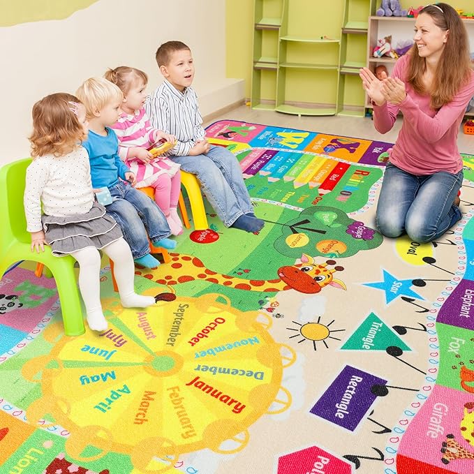 7x10 Playroom Rugs for Kids Washable, Educational and Fun Playmat with ABC Alphabet Animals Shapes Colors, Non-Slip Play Mat Learning Rugs for Baby Toddler Children Game Activity-Ruum Studio Home