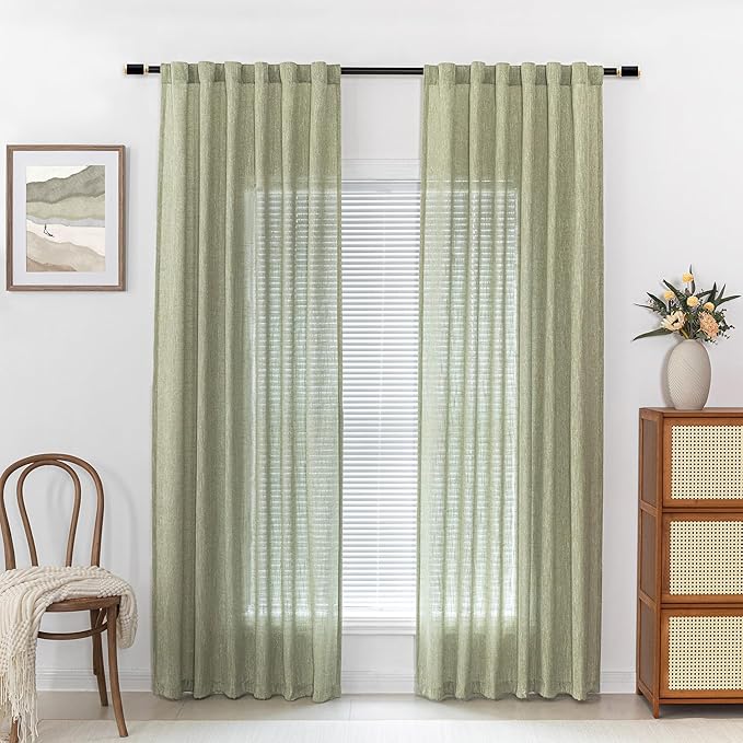 MYSKY HOME Patio Sage Curtains for Sliding Door, Living Room Curtains & Drapes Soft Farmhouse Window Treatments 90 inch Length 2 Panels Set Linen Look Semi Sheer Draperies, 50" W x 90" L, Sage Green-Ruum Studio Home