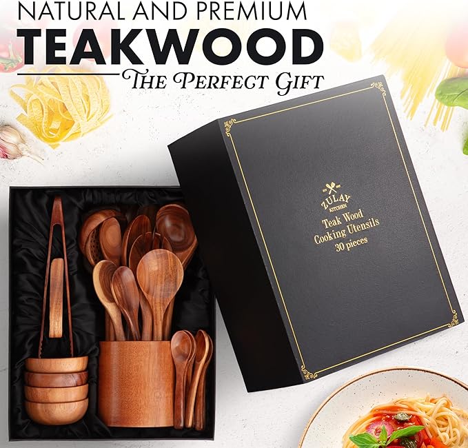 Zulay Kitchen 30-Piece Teak Wooden Utensils - Natural Teak Cooking Utensils with Premium Gift Box - Non-Stick Wooden Spoons - Kitchen Gift Set - Comfortable Grip-Ruum Studio Home