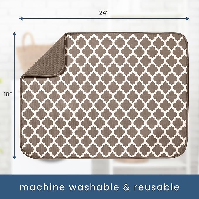 S&T INC. Dish Drying Mat XL, 18” x 24”, Absorbent Microfiber Kitchen Counter Mat, Dish Drying Pad for Dishes, Utensils, Pots and Pans, Extra Large, Taupe Trellis-Ruum Studio Home
