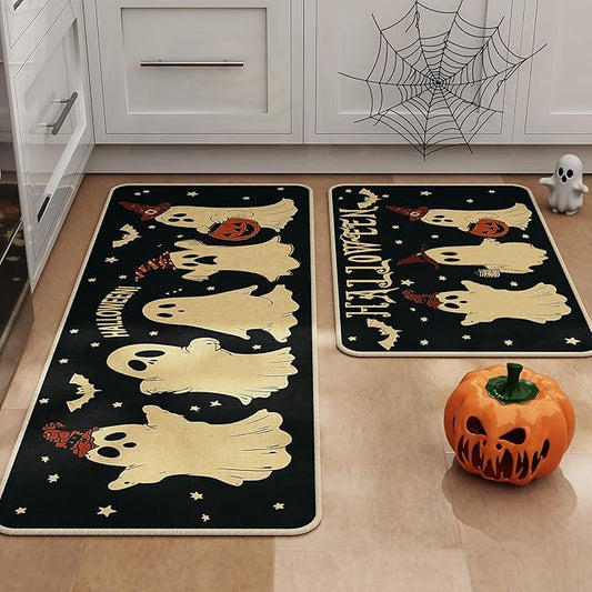 Halloween Kitchen Mat Set of 2, Pumpkin Ghost Bat Halloween Kitchen Decor, Halloween Rug for Floor, Indoor Spooky Home Decor with Non-Slip Backing,17 x 29 Inch & 17 x 47 Inch-Ruum Studio Home