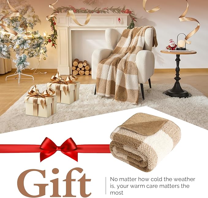 LURKA Checkered Sherpa Fleece Queen-Size Bed Blanket - Extra Thick and Warm Winter Soft Fuzzy Plush Blanket for Couches, Beds & Pets, Brown, 90x90 Inches-Ruum Studio Home