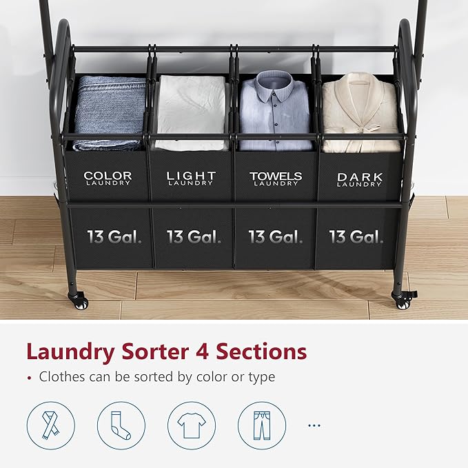 Tajsoon Laundry Sorter Cart with Hanging Clothes Rack, 4 Butler Sorter Basket Organizer, Laundry Hamper Cart with Heavy Duty Rolling Lockable Wheels, Black-Ruum Studio Home