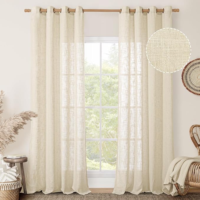 LAMIT 102 inches Long Sheer Linen Curtains, Linen Textured Light Filtering Semi Sheer Bronze Grommet Natural Boho Drapes for Living Room/Farmhouse, 2 Panels, Beige, 52 x 102 Inch-Ruum Studio Home