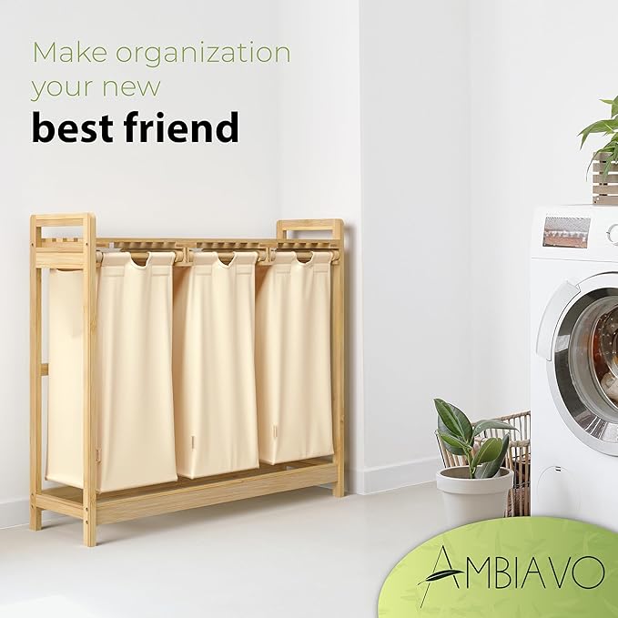 Laundry Hamper 3 Section beige - Large Bamboo Laundry Sorter with Removable Cotton Bags -Three Compartment Organizer for Clothes - Durable, Eco-Friendly, and Stylish Storage Solution for Home-Ruum Studio Home