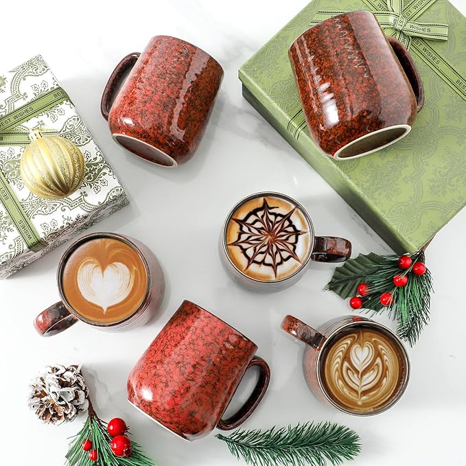 Hasense Coffee Mugs Set of 6, 15 Ounce Ceramic Coffee Cups Set with Handle,Porcelain Tea Mug for Kitchen, Red Cup for Tea,Cocoa,Dishwasher and Microwave Safe-Ruum Studio Home