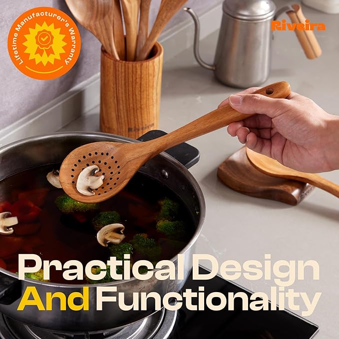 Riveira 9 Pieces Teak Wooden Spoons For Cooking – Premium & Durable Organic Teak Wooden Cooking Utensils – Non Stick Wooden Spatula For Cooking – Non Toxic Utensil Set With Holder & Spoon Rest-Ruum Studio Home