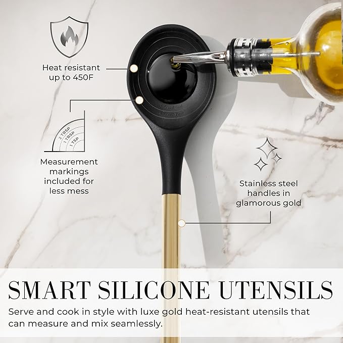 Styled Settings Black and Gold Cooking Utensils Set - 7-Piece Silicone Utensils Set Include Spatula Holder for Nonstick Cookware and Modern Kitchens - Stylish Black and Gold Kitchen Accessories-Ruum Studio Home