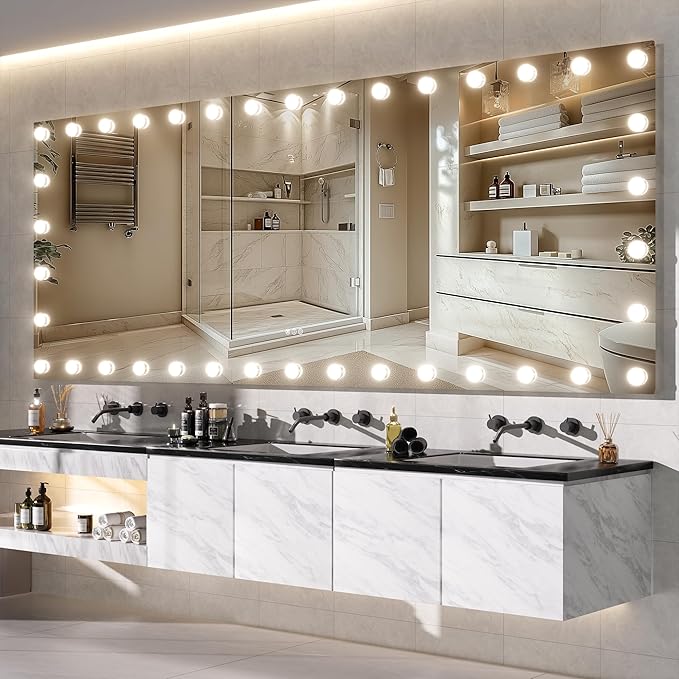 Hasipu LED Bathroom Mirror with Lights, 94" x 36" Hollywood Wall-Mounted Bathroom Mirror with 38 Dimmable Bulbs, 3 Colors Modes, Touch Control, Anti-Fog, Memory Function, Shatter-Proof, ETL Listed-Ruum Studio Home