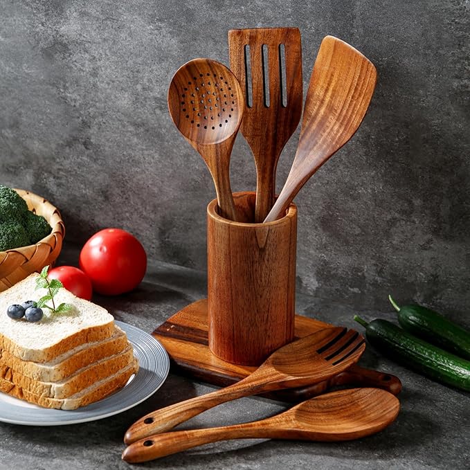 6 PCS Wooden Spoons for Cooking - Teak Wooden Cooking Utensils Set with Holder - Non-Stick, Soft Grip, Ergonomic Design - Natural Finish-Ruum Studio Home