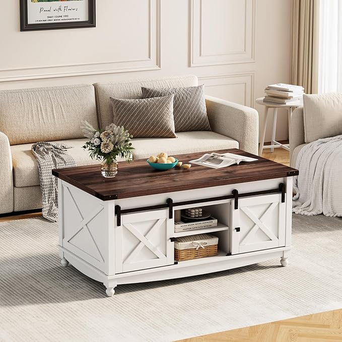 48" Farmhouse Lift Top Coffee Table with Storage Sliding Barn Door & Large Hidden Compartment, Coffee Table with Lifting Top with Wooden Lift Tabletop, Coffee Tables for Living Room, White-Ruum Studio Home