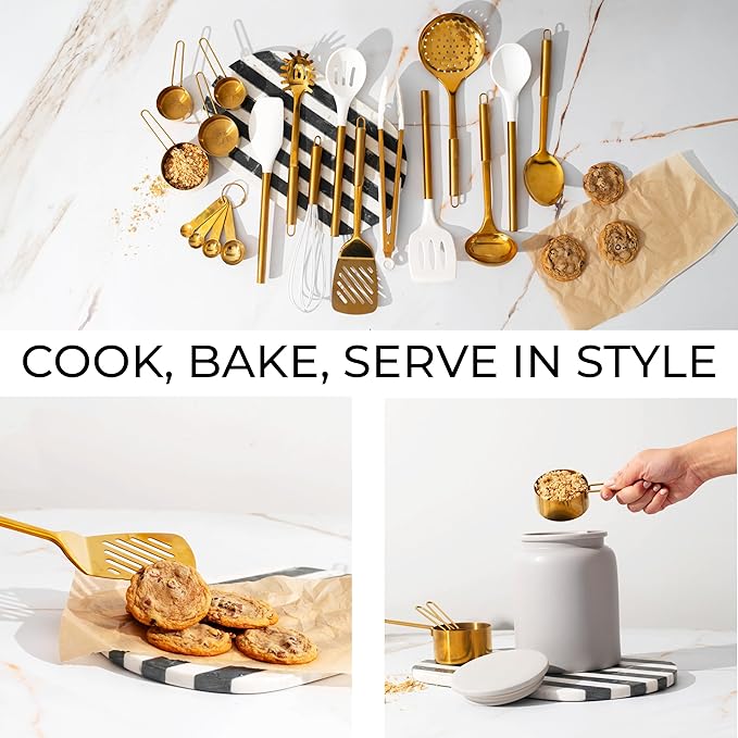 Gold Kitchen Utensils Set - 19-Piece Set Includes Stainless Steel Gold Utensils, White Silicone Tools, and Measuring Cups and Spoons - Luxury Kitchen Accessories for Modern Cooking, Serving, & Gifting-Ruum Studio Home