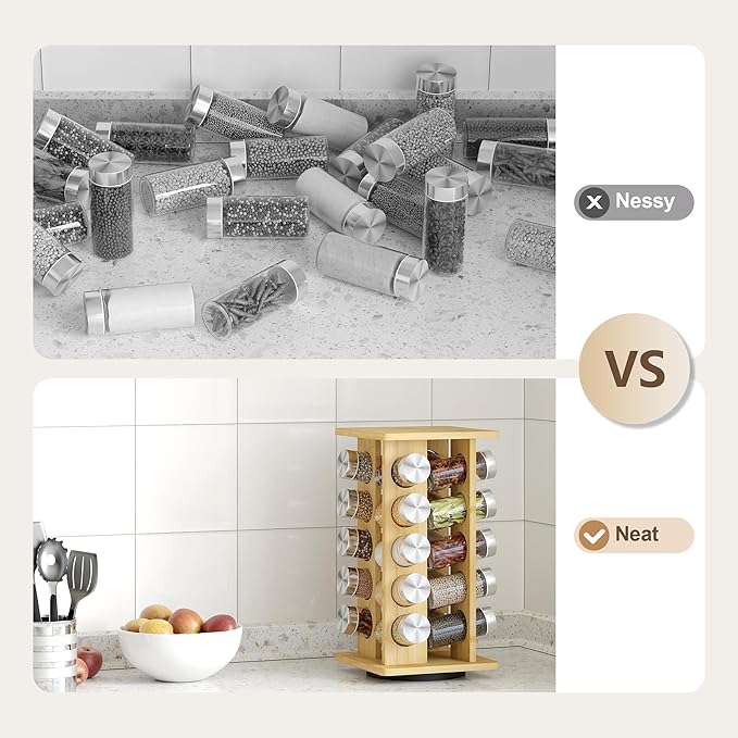 WelFurGeer Bamboo Spice Rack Organizer for Countertop, Revolving Spice Shelf with 20 Glass Jars, Lids & Labels, Desktop Rotating Seasoning Organizer for Kitchens, Space-Saving Design-Ruum Studio Home