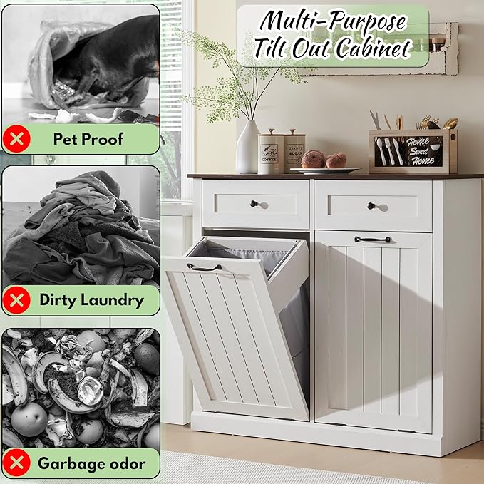Double Tilt Out Laundry Hamper Cabinet, 20 Gallon Farmhouse Trash Can Cabinet with Drawer, Hidden Wood Garbage Can Bin Cabinets with Laundry Storage Basket for Bathroom, Kitchen (Antique White)-Ruum Studio Home
