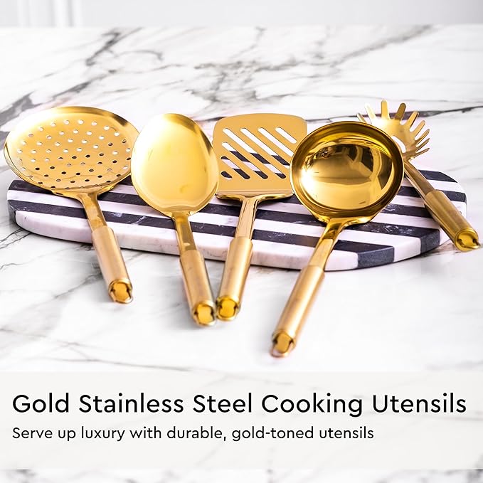 Black and Gold Kitchen Utensils Set - 19-PC Set Includes Stainless Steel and Silicone Cooking Utensils, Measuring Cups and Spoons - Black and Gold Kitchen Accessories for Stylish Cooking & Serving-Ruum Studio Home