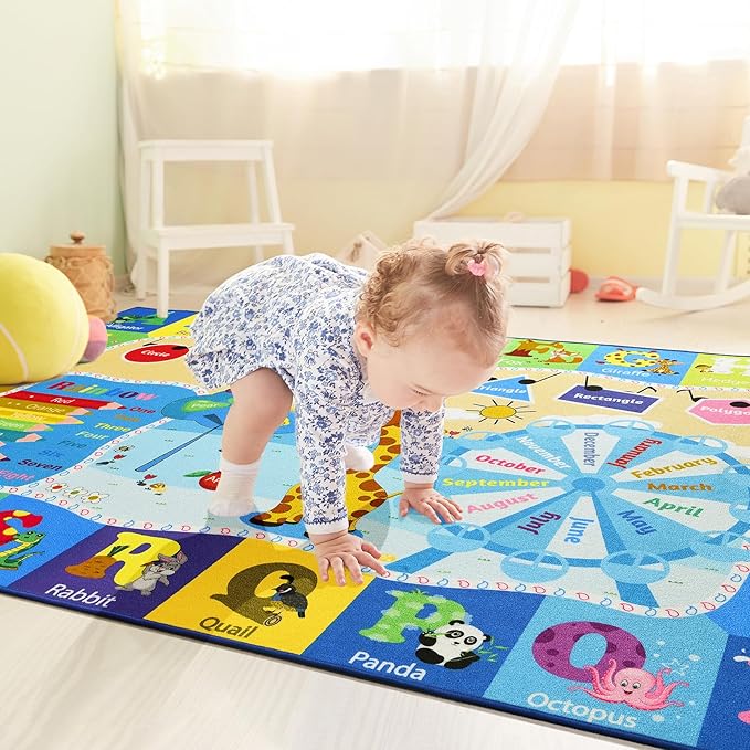 Kids Rugs for Playroom Washable, Educational and Fun Learning Rugs with ABC Alphabet Animals Shapes, Baby Toddler Children's Play Mat for Bedroom Classroom Nursery, 3x5 Feet, Blue-Ruum Studio Home